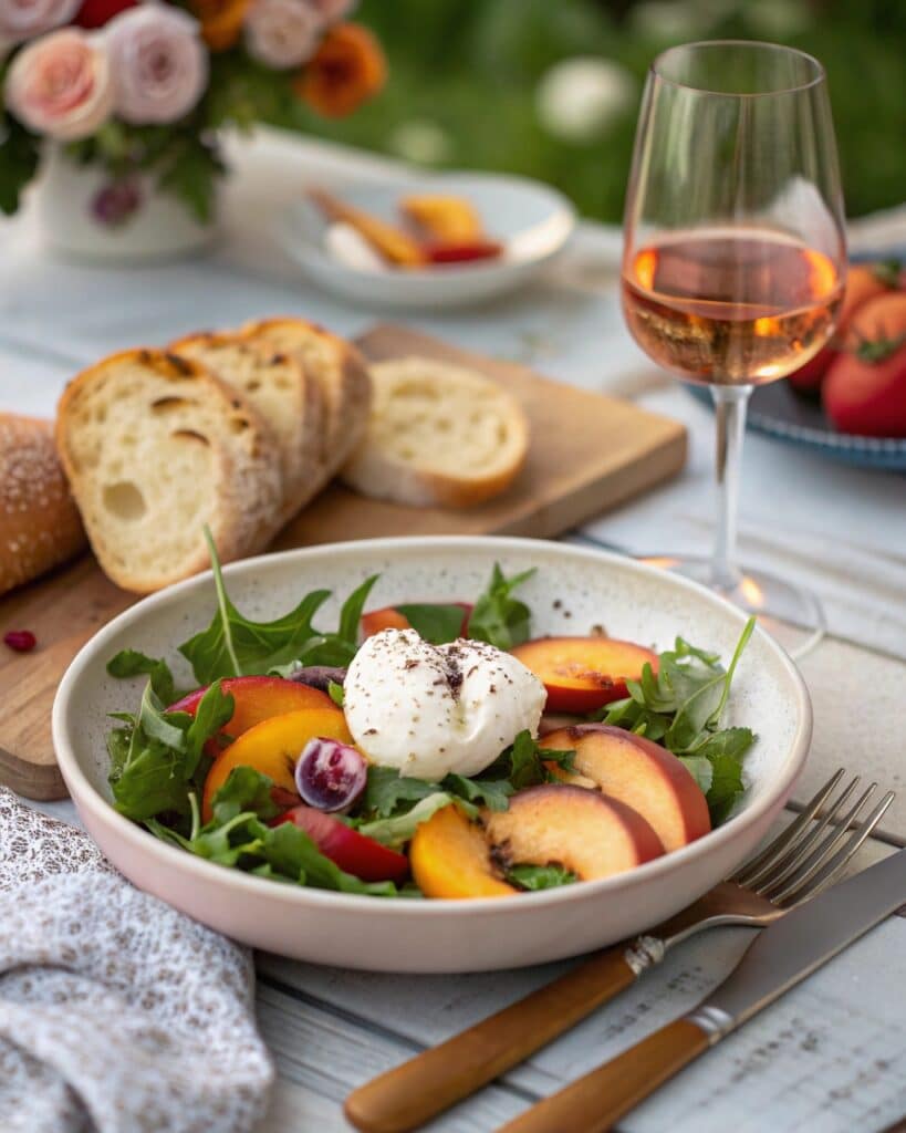 serving peach burrata salad with wine and bread