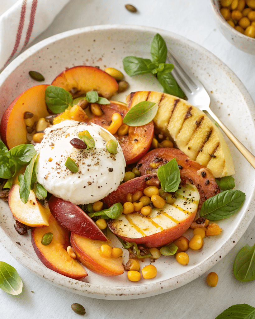peach burrata salad with grilled peaches and herbs