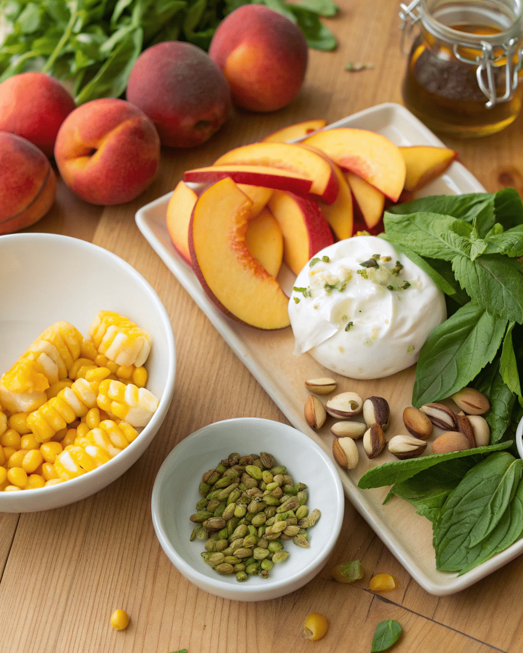fresh ingredients for peach burrata salad on table