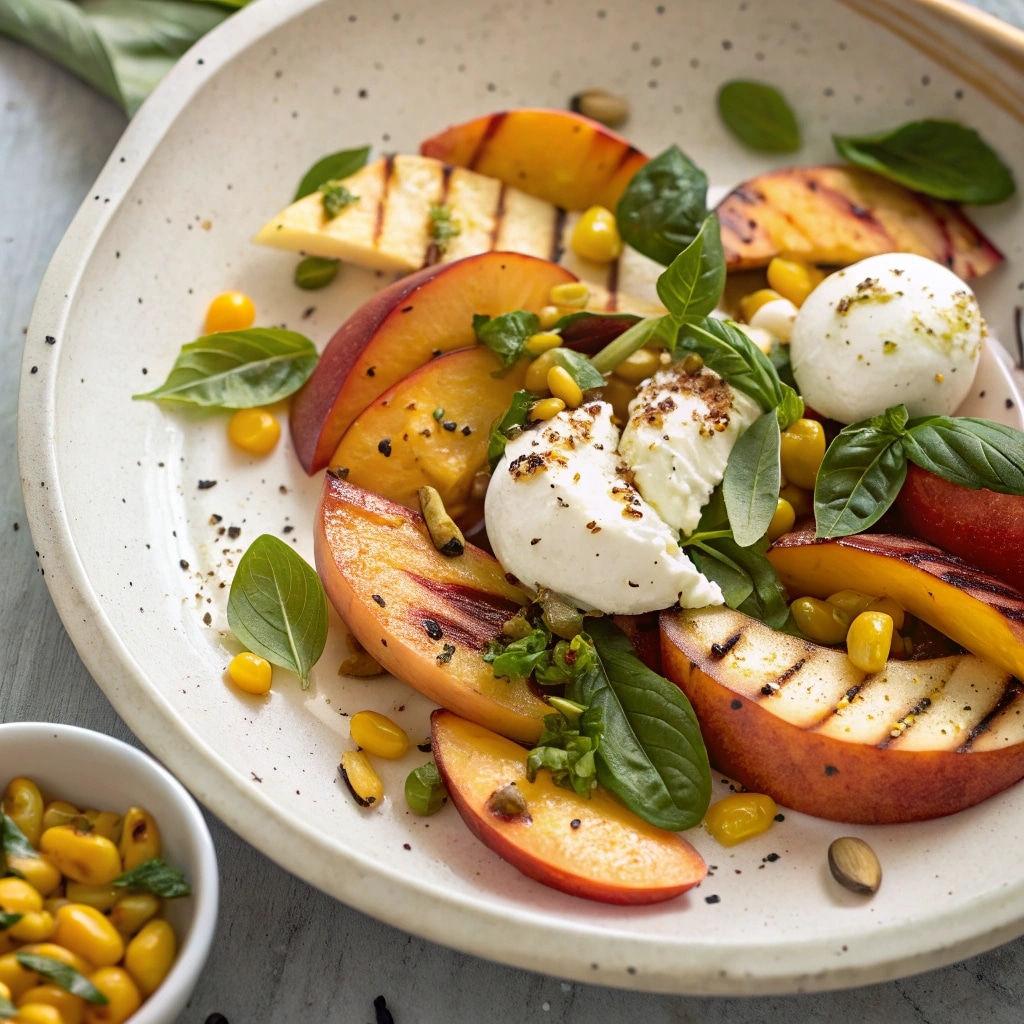 peach burrata salad with grilled peaches and herbs