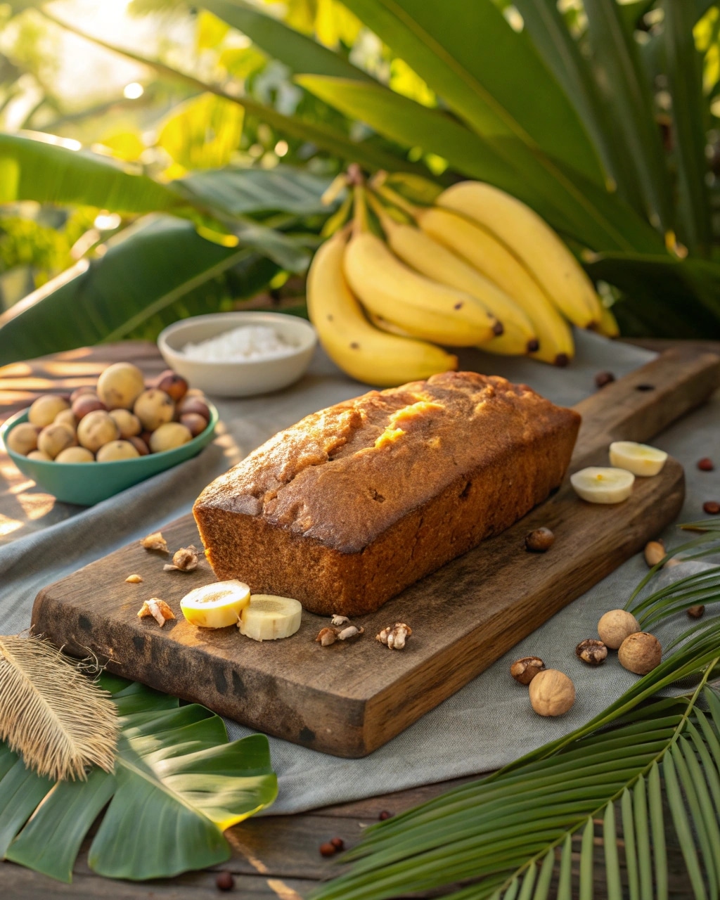 Banana bread recipe Hawaii style on wooden board