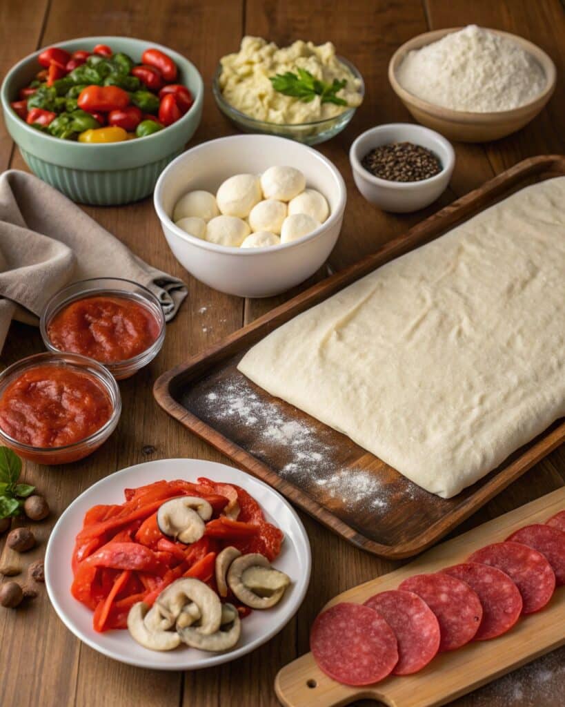 Garbage Bread Recipe That Turns Leftovers Into a Melty, Cheesy Dream 6 garbage bread recipe ingredients laid out on counter