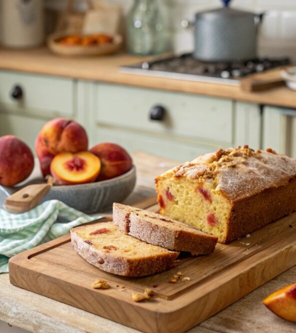 Peach Bread Recipe – Moist, Easy, and Full of Fresh Flavor 10 peach bread recipe sliced on wooden board