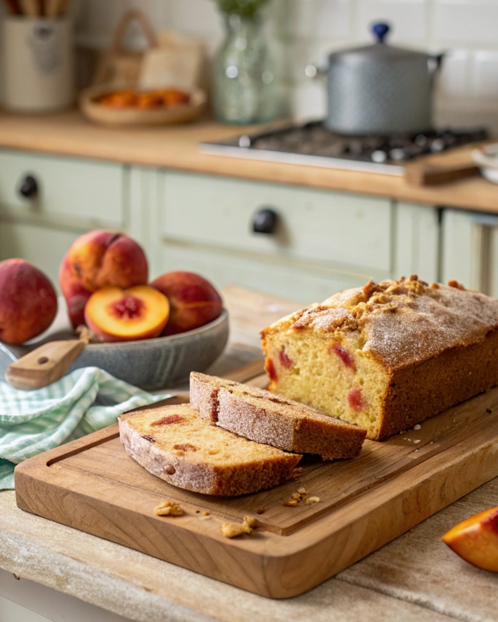 Peach Bread Recipe – Moist, Easy, and Full of Fresh Flavor 5 peach bread recipe sliced on wooden board
