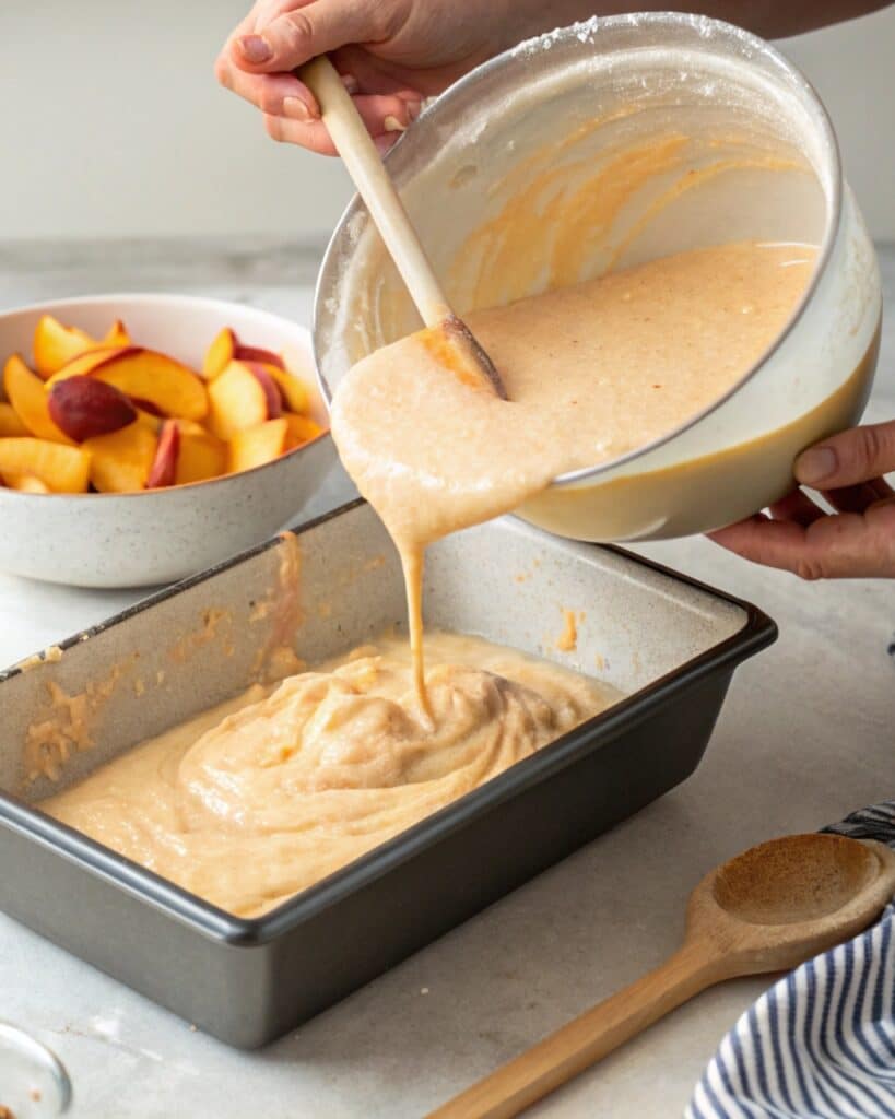 Peach Bread Recipe – Moist, Easy, and Full of Fresh Flavor 7 pouring peach bread batter into loaf pan