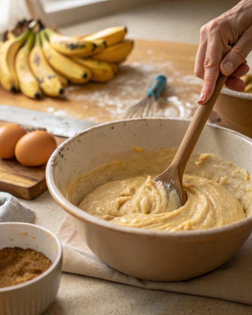 Bisquick Banana Bread Recipe: Quick, Moist & Absolutely Easy 7 Mixing bisquick banana bread batter in a bowl