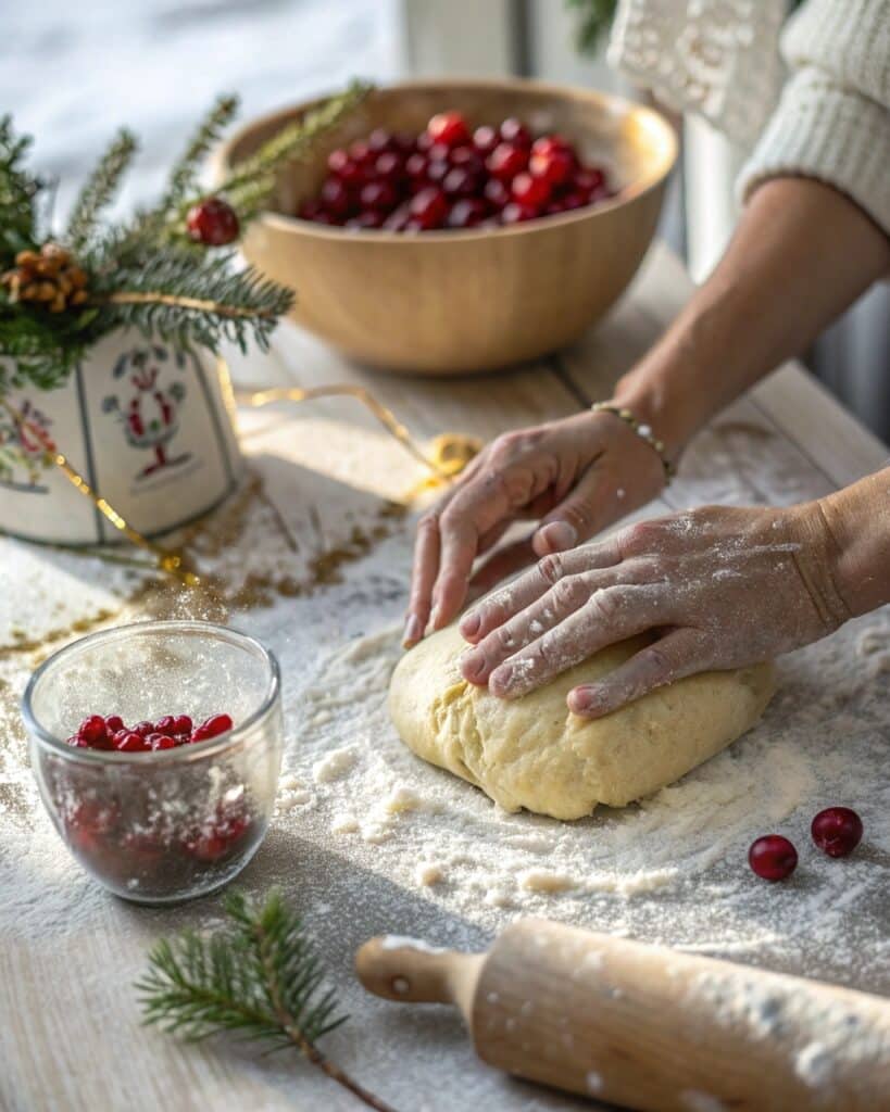 Christmas Bread Recipe That Warms Every Holiday Morning 7 Kneading Christmas bread dough with cranberries nearby