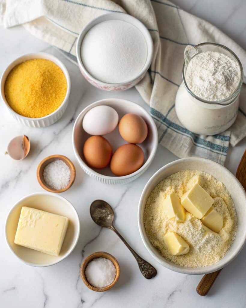 Spoon Bread Recipe: Southern Comfort in Every Bite 6 Ingredients for spoon bread recipe laid out on counter