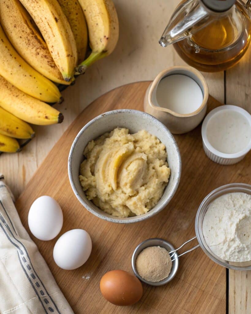 Bisquick Banana Bread Recipe: Quick, Moist & Absolutely Easy 6 Bisquick banana bread ingredients laid out on wooden counter