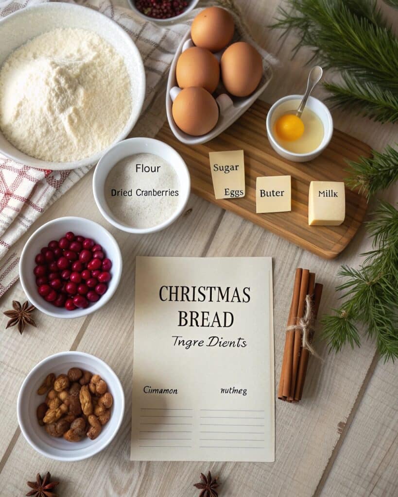 Christmas Bread Recipe That Warms Every Holiday Morning 6 Christmas bread recipe ingredients laid out on rustic table