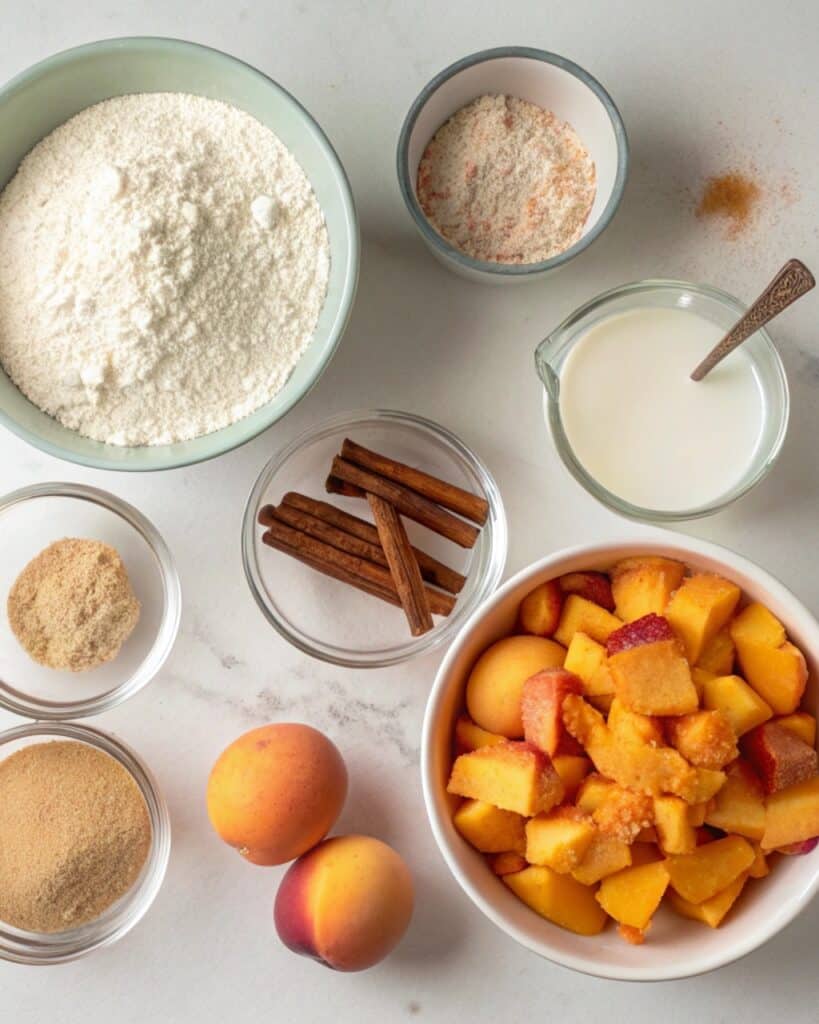 Peach Bread Recipe – Moist, Easy, and Full of Fresh Flavor 6 peach bread recipe ingredients flat lay