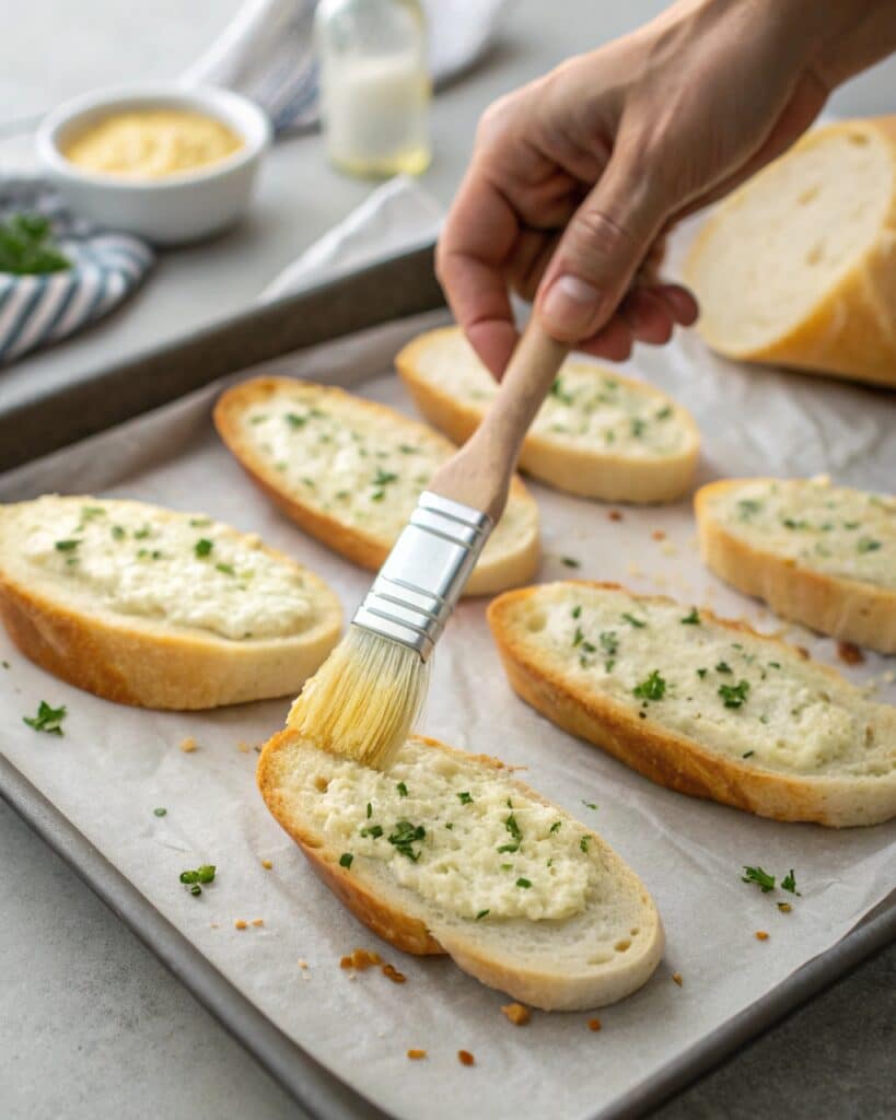 Garlic Bread Pizza Recipe – Quick, Cheesy & Crispy in 20 Minutes 7 Spreading garlic butter on bread for pizza