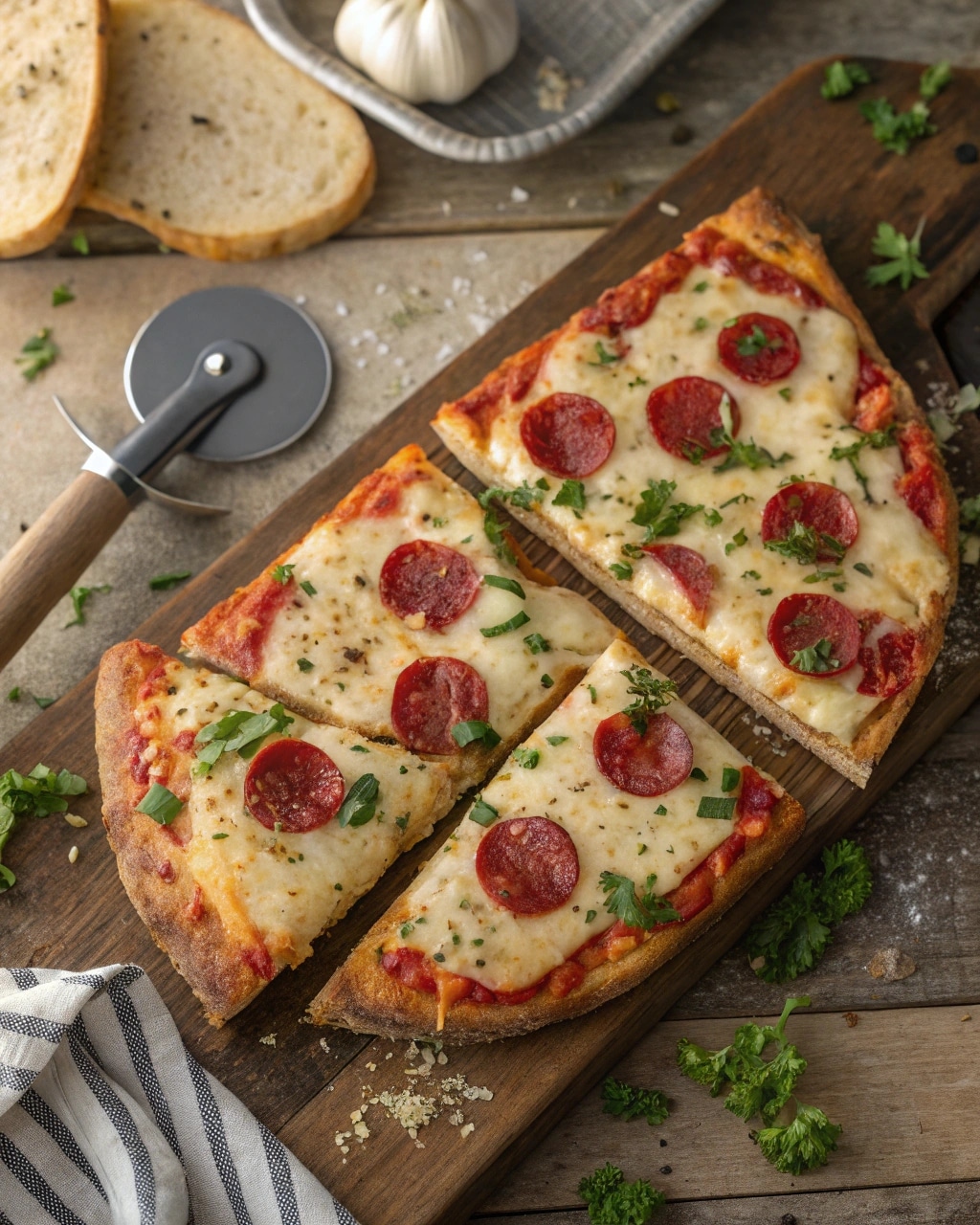 Garlic Bread Pizza Recipe – Quick, Cheesy & Crispy in 20 Minutes 5 Garlic bread pizza recipe with cheese and pepperoni