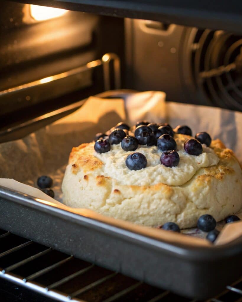 Blueberry Fluffy Cottage Cheese Cloud – A Light and Dreamy Breakfast Treat 10 mid bake close up of cottage cheese cloud in oven