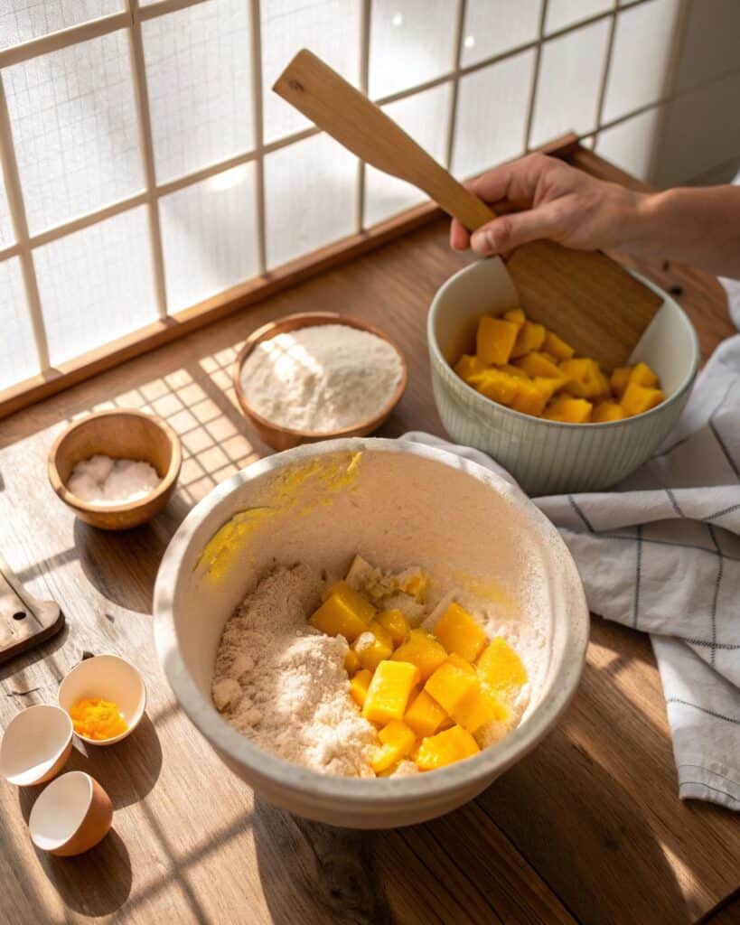 Mango Bread Recipe – A Simple Slice of Sunshine 7 Folding diced mango into mango bread batter