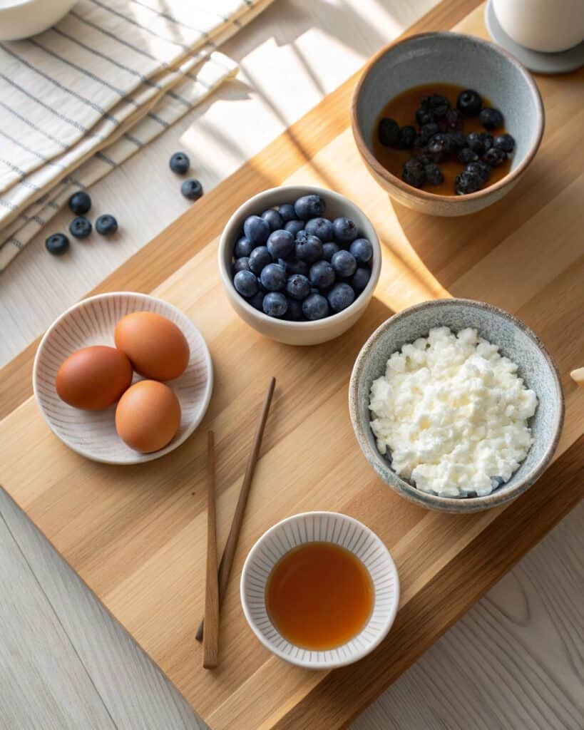 Blueberry Fluffy Cottage Cheese Cloud – A Light and Dreamy Breakfast Treat 9 overhead shot of cottage cheese fresh blueberries