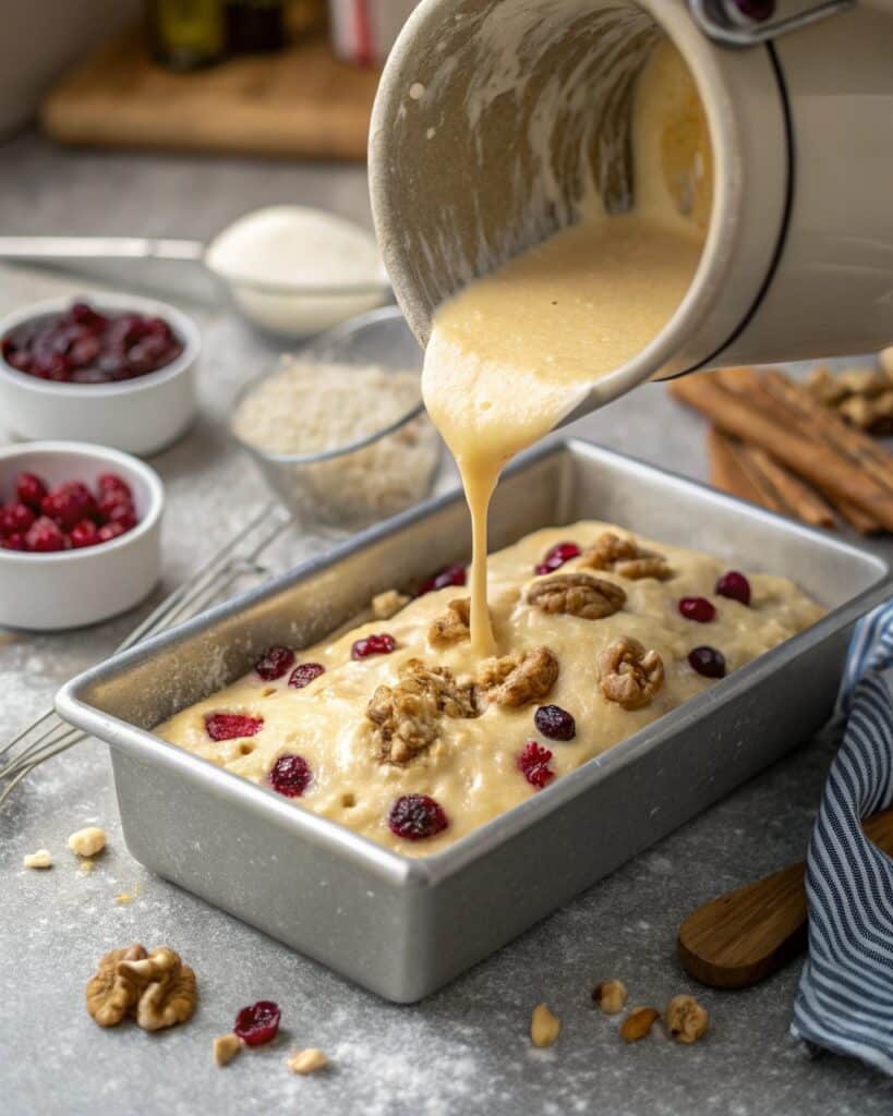 Cranberry Walnut Bread Recipe – The Best Moist and Flavorful Guide Ever 7 pouring batter for cranberry walnut bread recipe