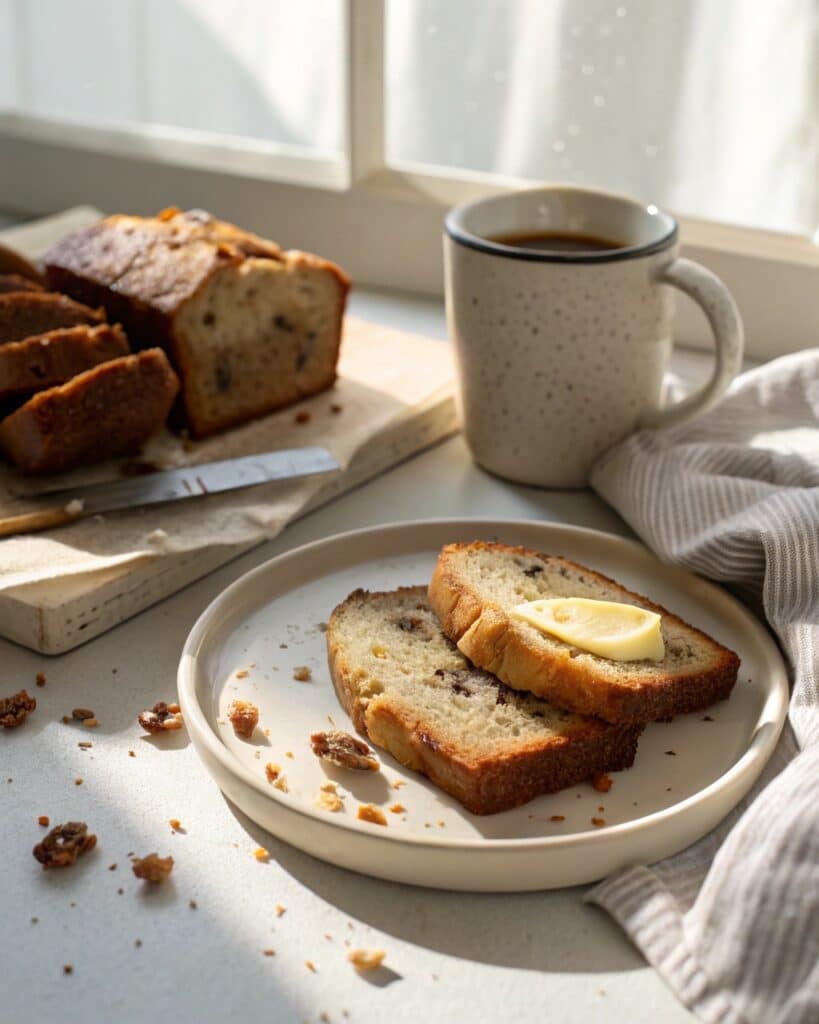 Bisquick Banana Bread Recipe: Quick, Moist & Absolutely Easy 8 Sliced banana bread with butter and coffee on table