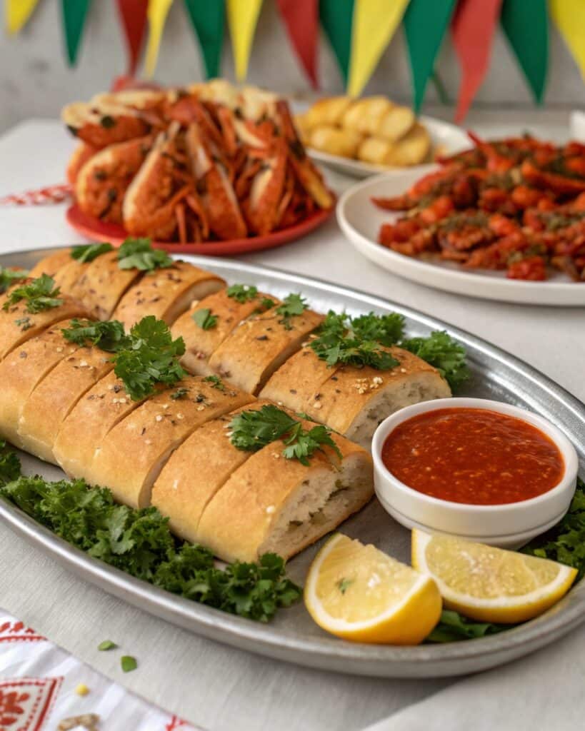 Crawfish Bread Recipe: How to Make This Southern Favorite at Home 8 sliced crawfish bread on platter with garnish