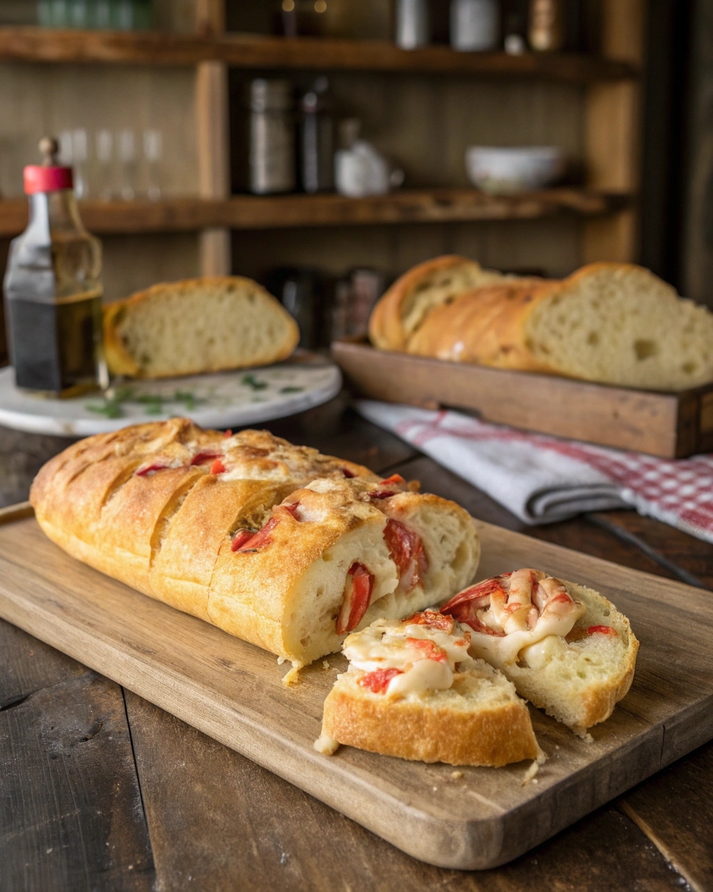 crawfish bread recipe sliced with cheesy filling