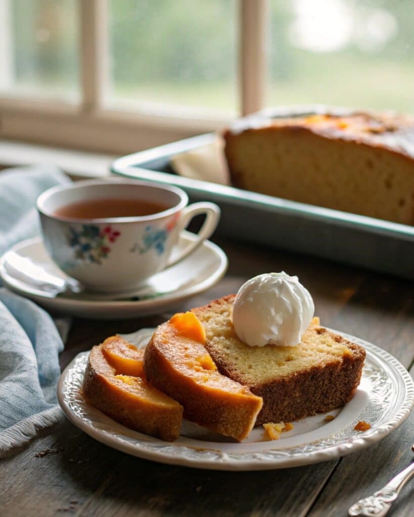 Peach Bread Recipe – Moist, Easy, and Full of Fresh Flavor 8 slice of peach bread with whipped cream