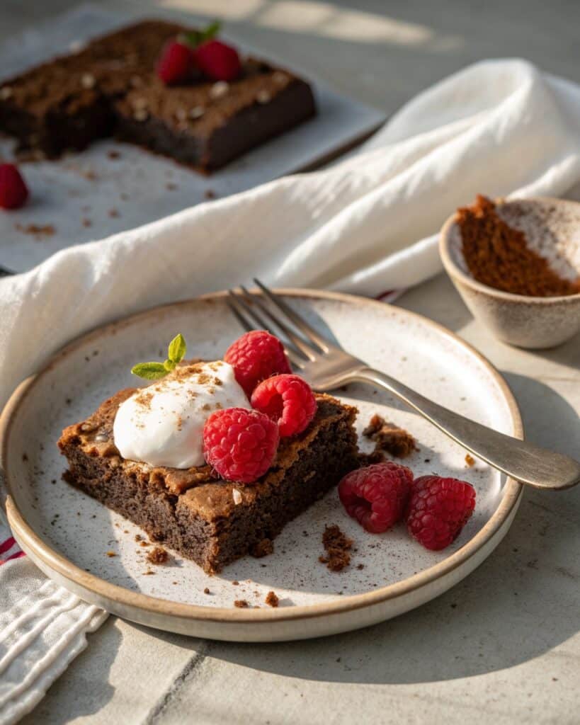 Cottage Cheese Brownies (Without Sugar!) – A Kyoto Kitchen Story 11 a slice of cottage cheese brownie on a small ceram