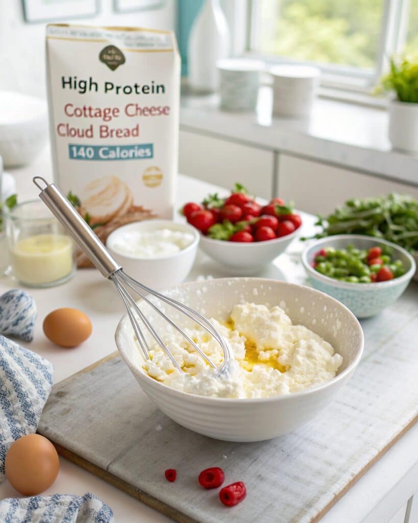 High Protein Cottage Cheese Cloud Bread 8 close up photo of folding whipped egg whites into