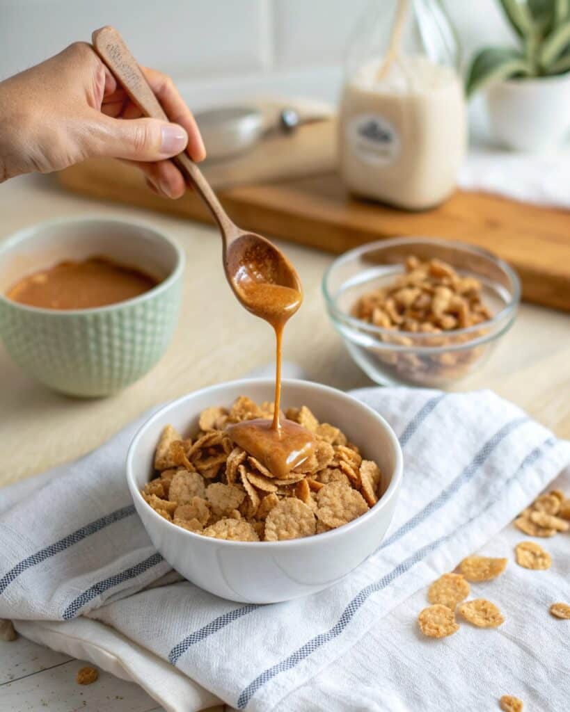 close up shot of a hand pouring melted peanut butt