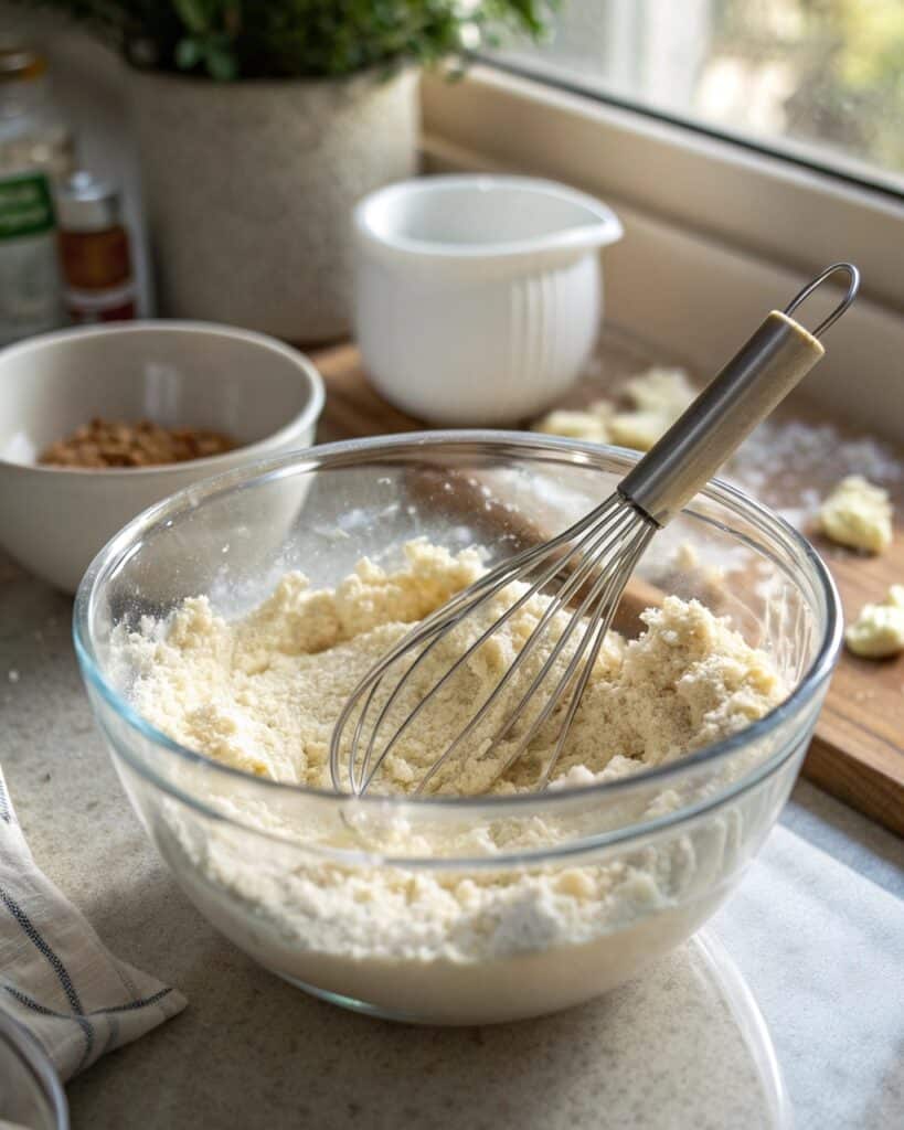 mixing almond flour and cream cheese in a clear bo