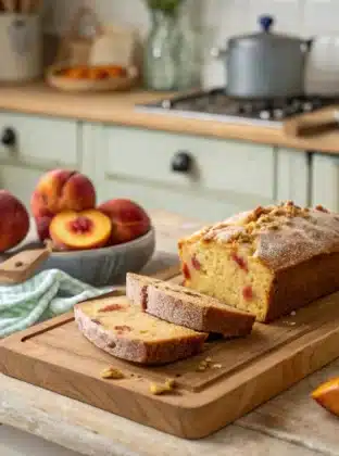 Garbage Bread Recipe That Turns Leftovers Into a Melty, Cheesy Dream 14 a rustic peach bread loaf on a wooden cutting boar 1.jpg