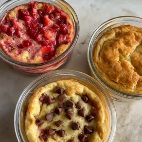 The Secret to Making Pillow-Soft Baked Protein Pancake Bowls 2 A stack of three Pillow-Soft Baked Protein Pancake Bowls topped with berries and syrup.