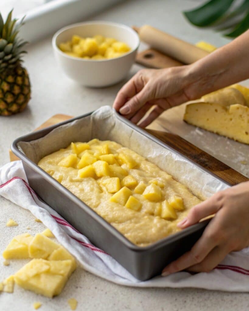 layering pineapple bread batter in loaf pan