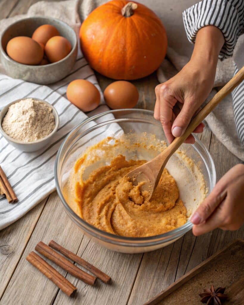 mixing gluten free pumpkin bread batter