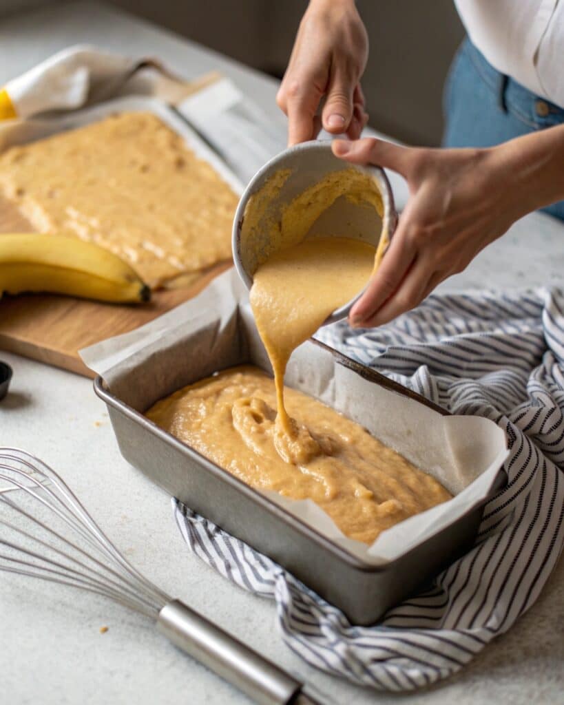 pouring banana bread batter without baking soda