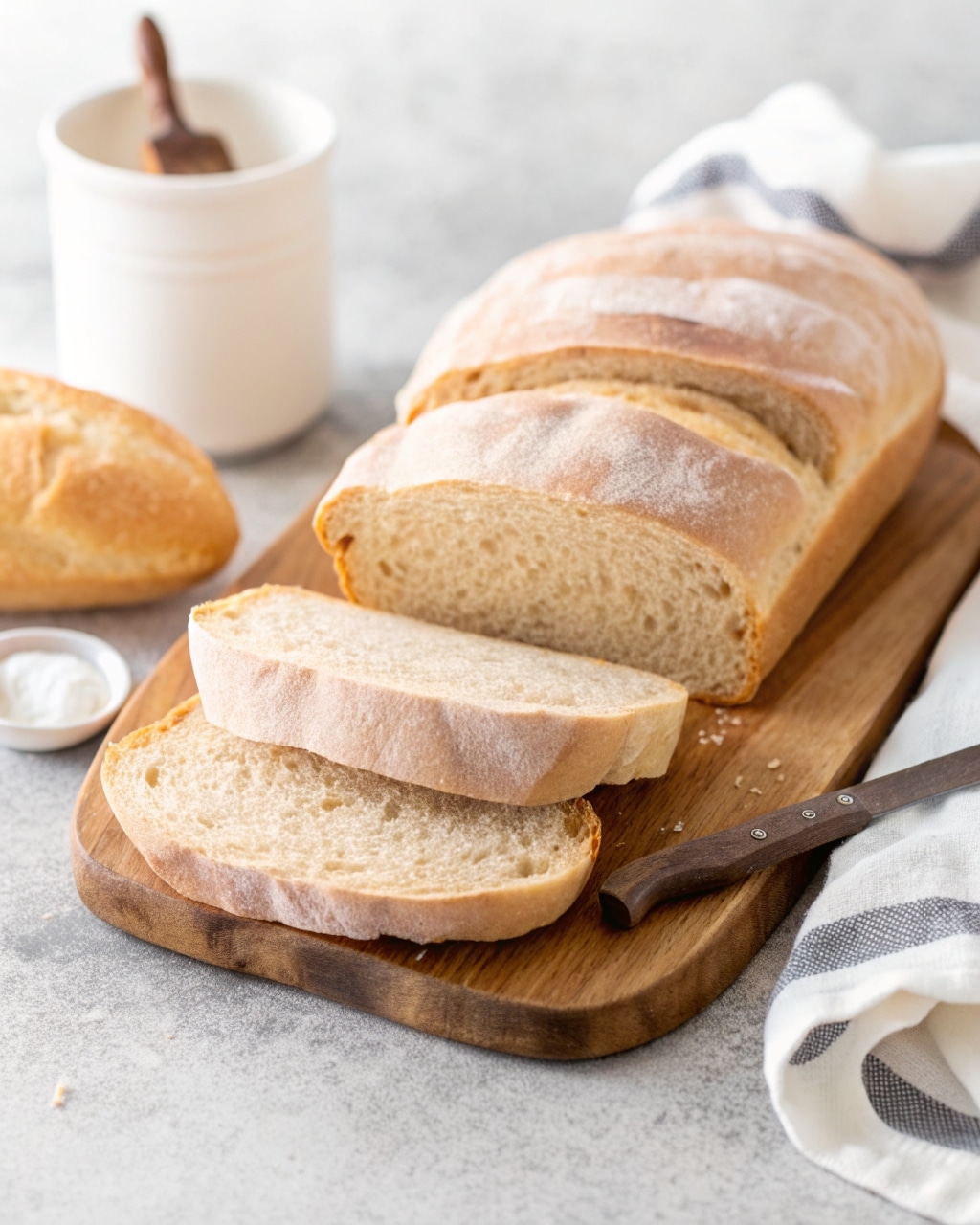 A stunning, golden italian bread recipe loaf on a wooden board.