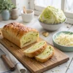 Japanese-inspired cabbage bread recipe loaf sliced on wooden board