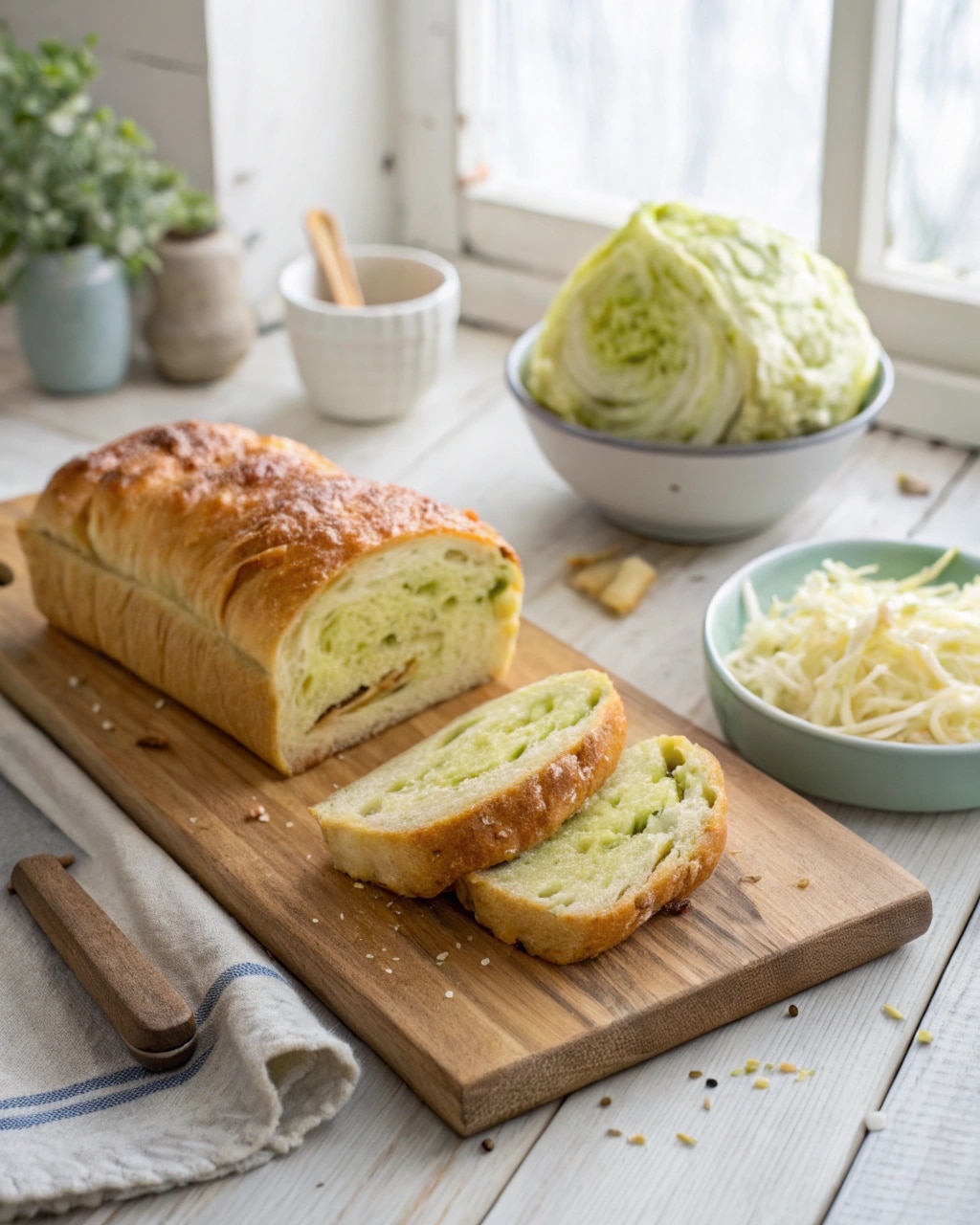 Japanese-inspired cabbage bread recipe loaf sliced on wooden board