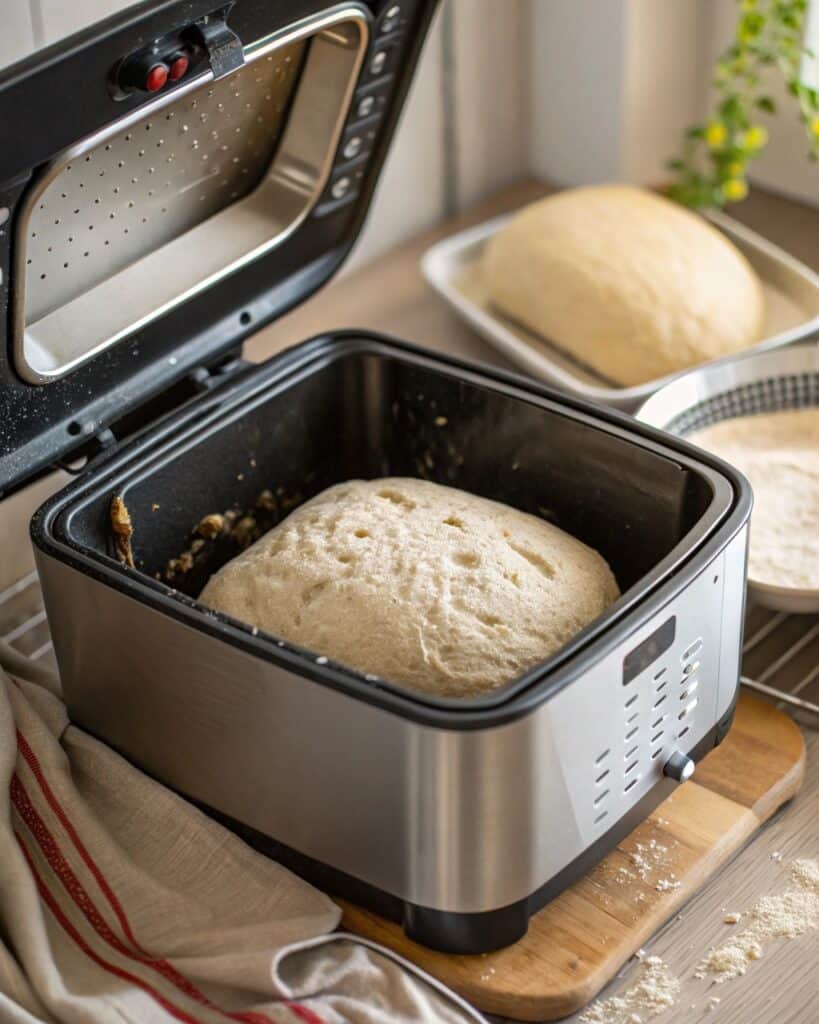 a bread machine actively kneading dough inside its