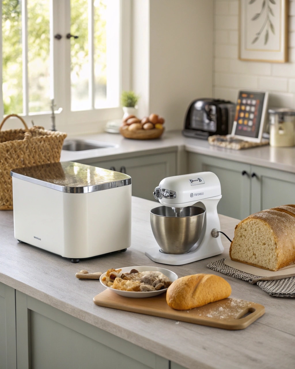 a modern home kitchen scene showing a bread machin