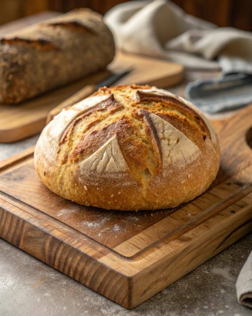 a round artisan bread loaf with golden crust and s