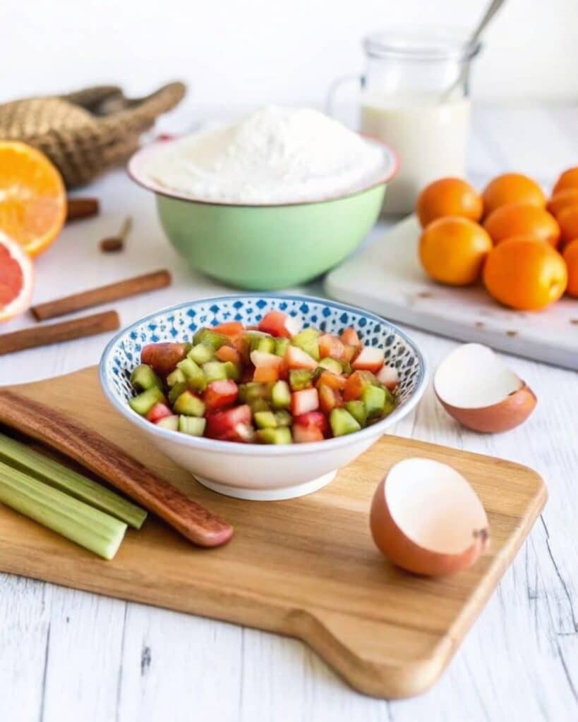 rhubarb bread recipe ingredients on rustic table