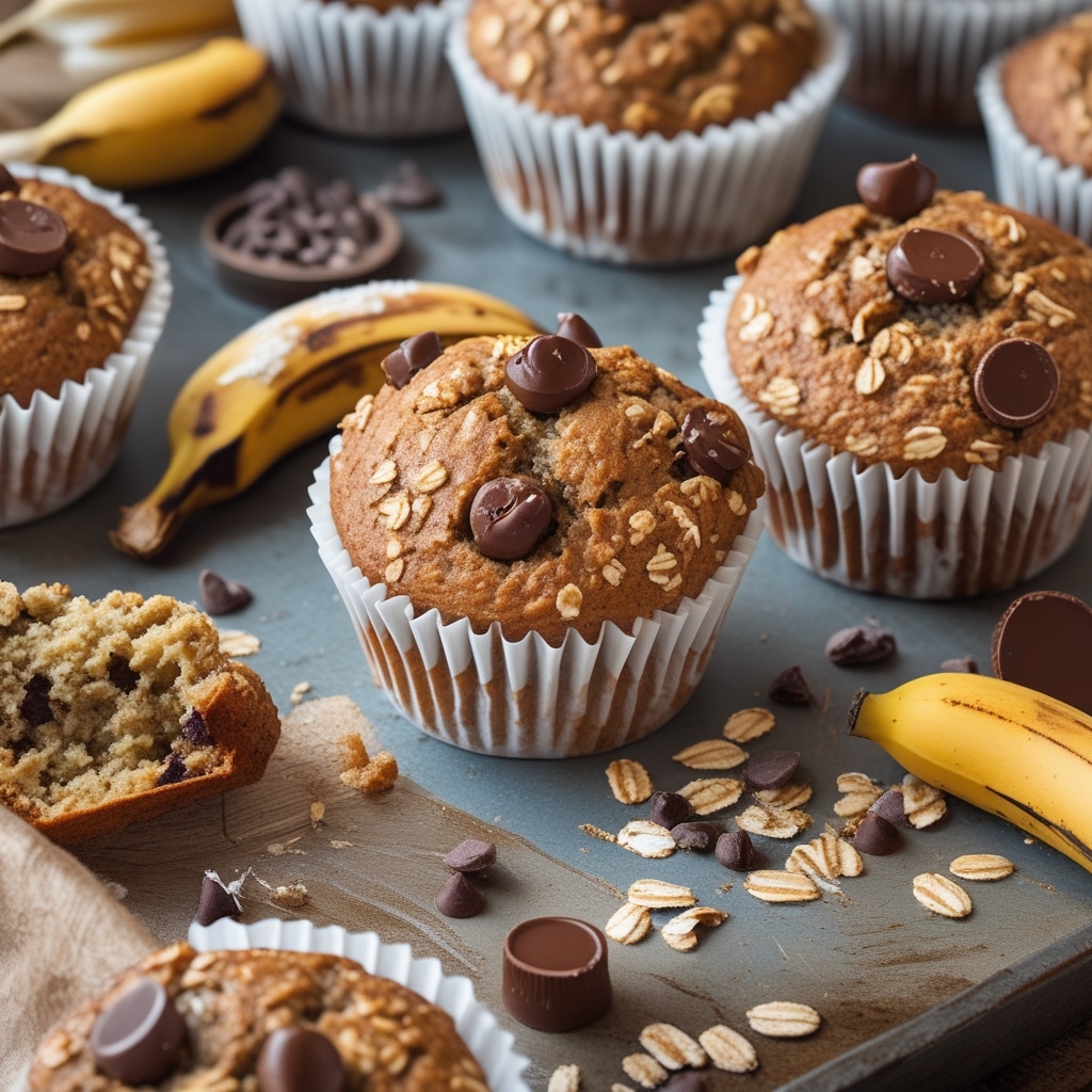 Healthy Banana Oat Greek Yogurt Muffins with Melty Chocolate Chip