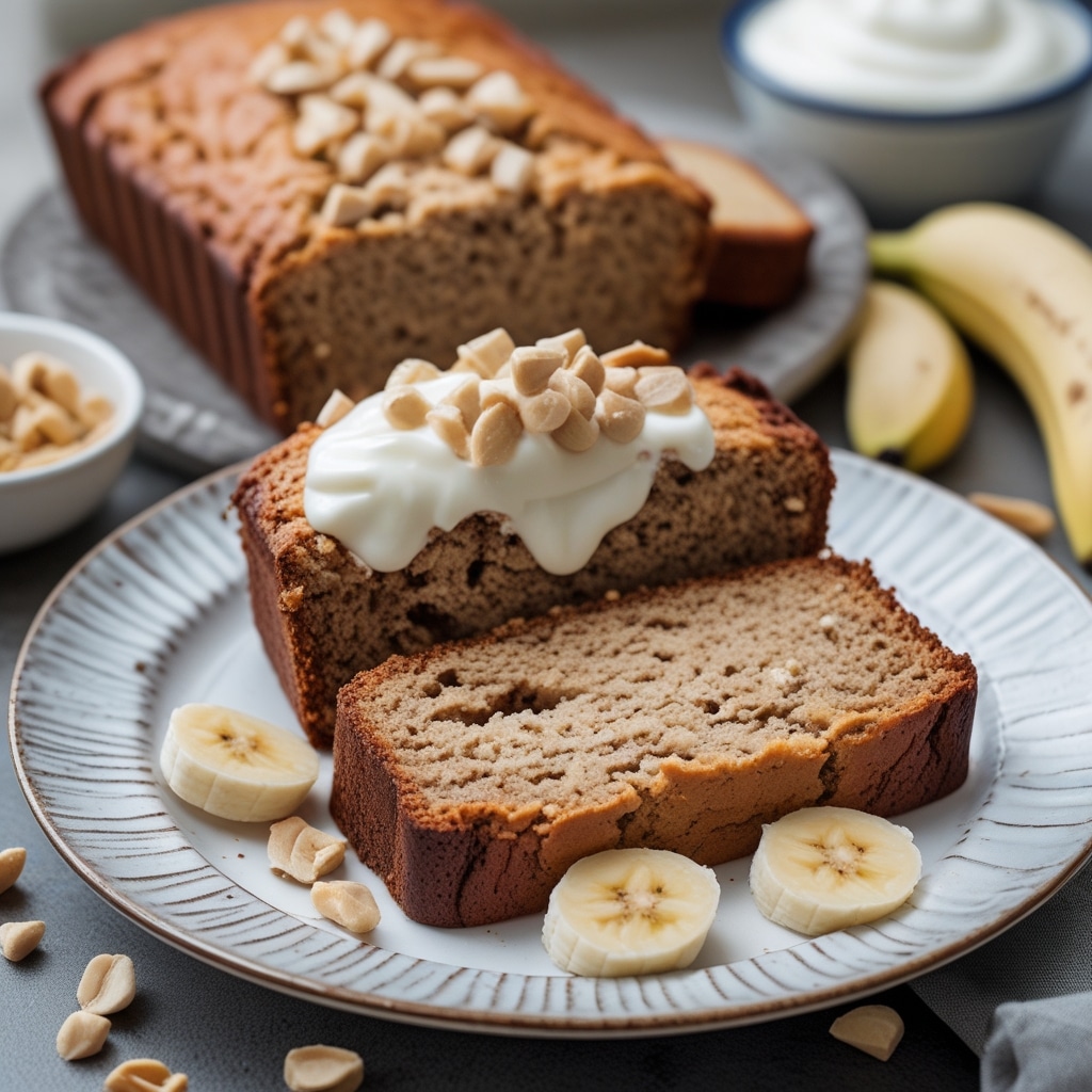 High Protein Peanut Butter Banana Greek Yogurt Banana Bread