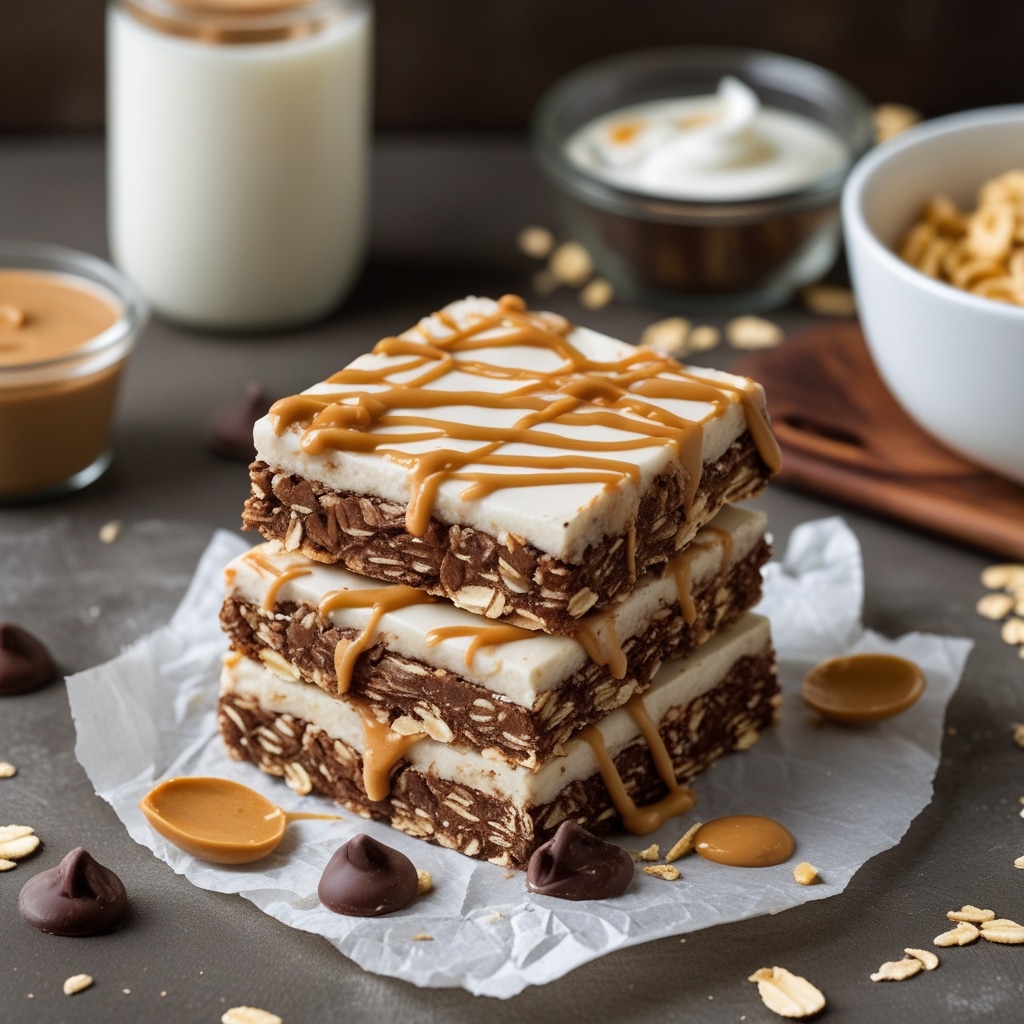 Healthy No-Bake Chocolate Banana Greek Yogurt Oat Bars with Peanut Butter Drizzle