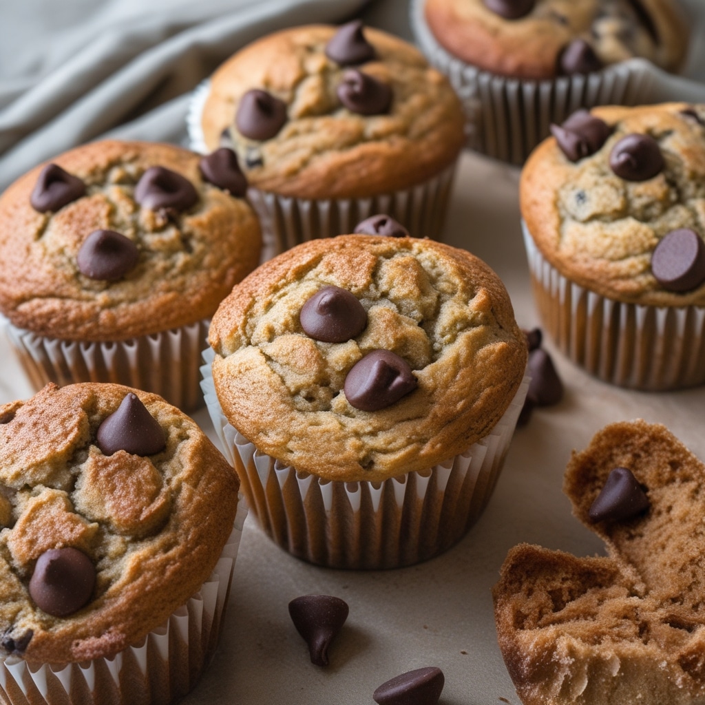 Soft Cinnamon Banana Greek Yogurt Muffins with Chocolate Chip Tops