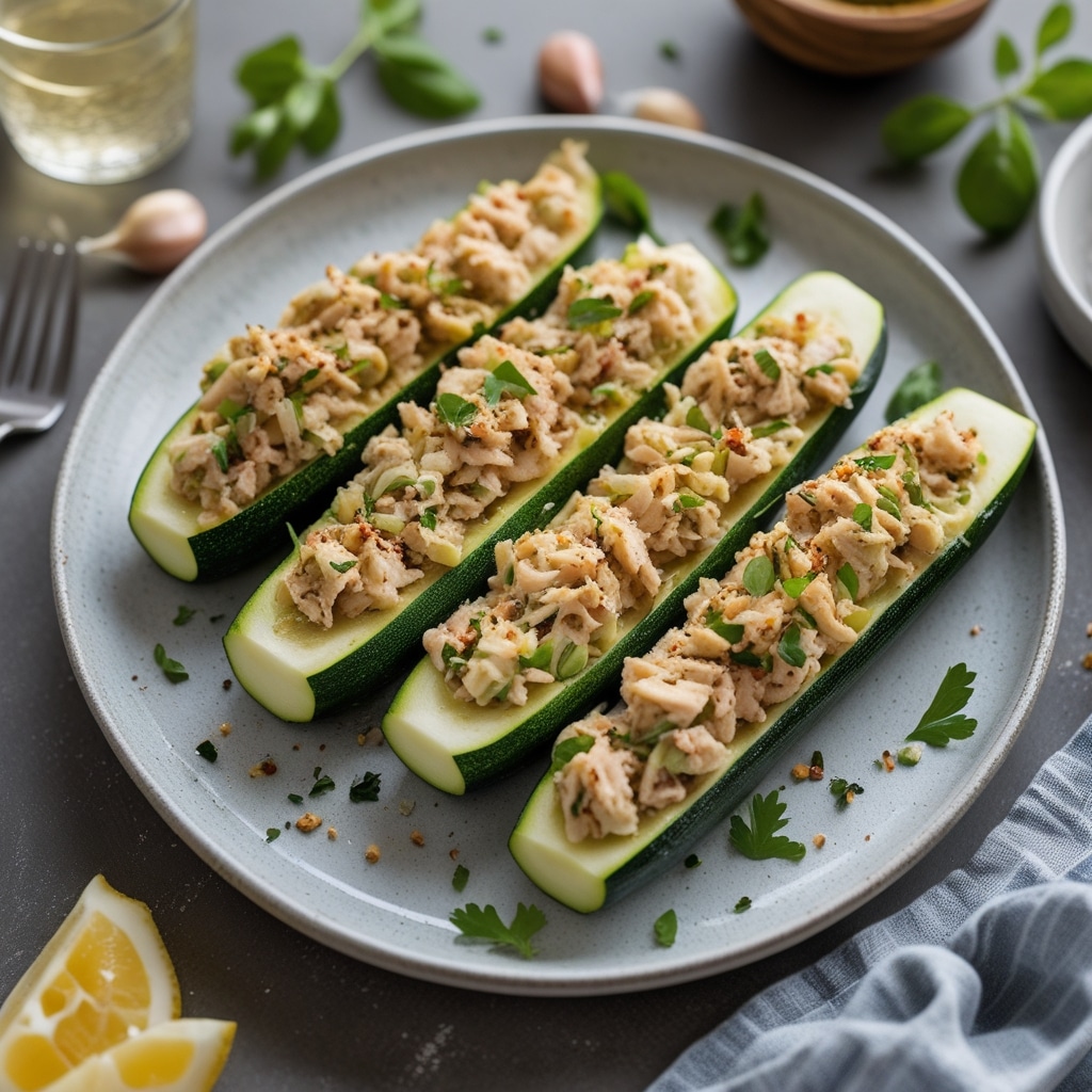 Lemon Garlic Tuna Zucchini Boats