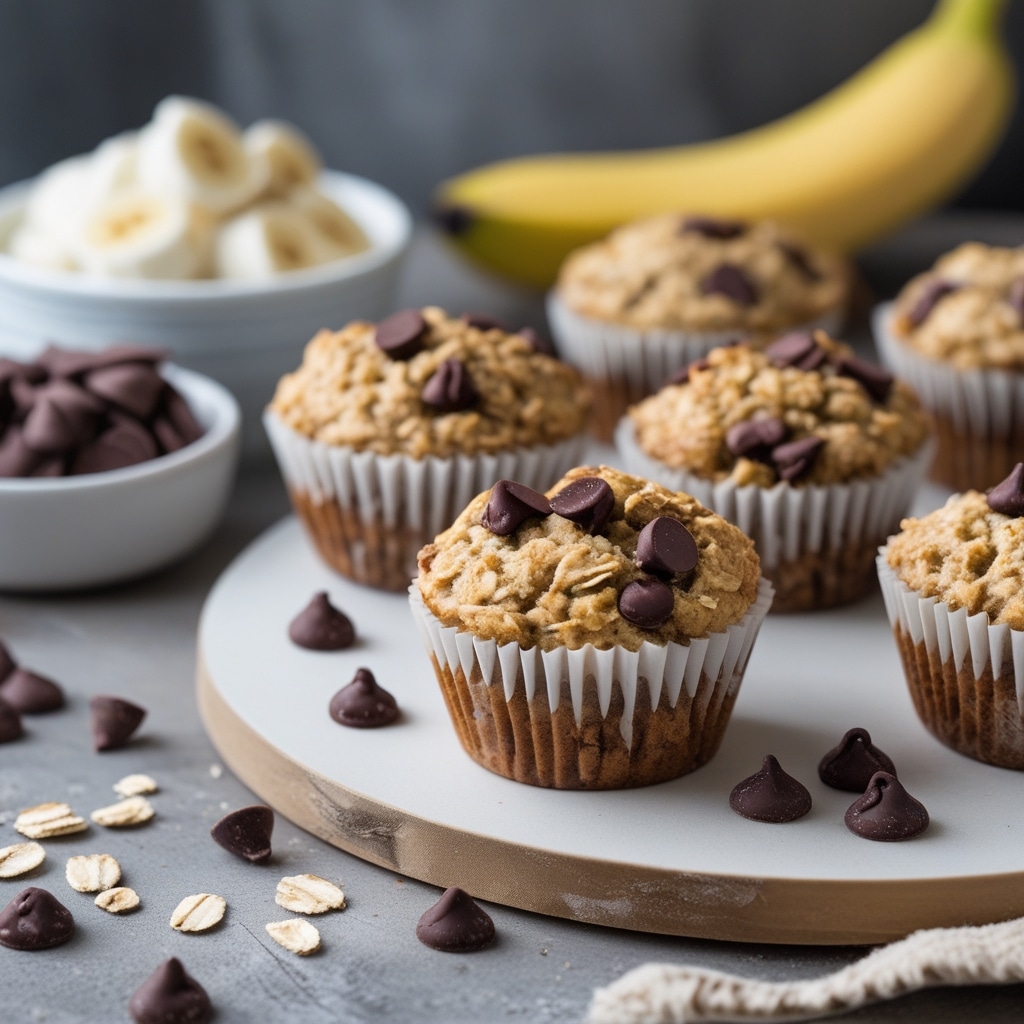 HEALTHY GREEK YOGURT BANANA COCONUT OAT BREAKFAST MUFFINS WITH DARK CHOCOLATE CHIPS