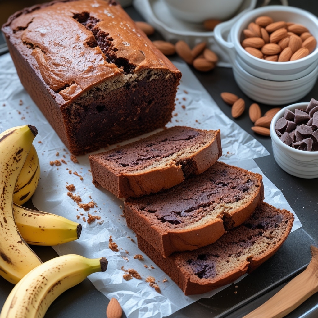 High Protein Almond Flour Chocolate Banana Bread with Fudgy Inside Slices