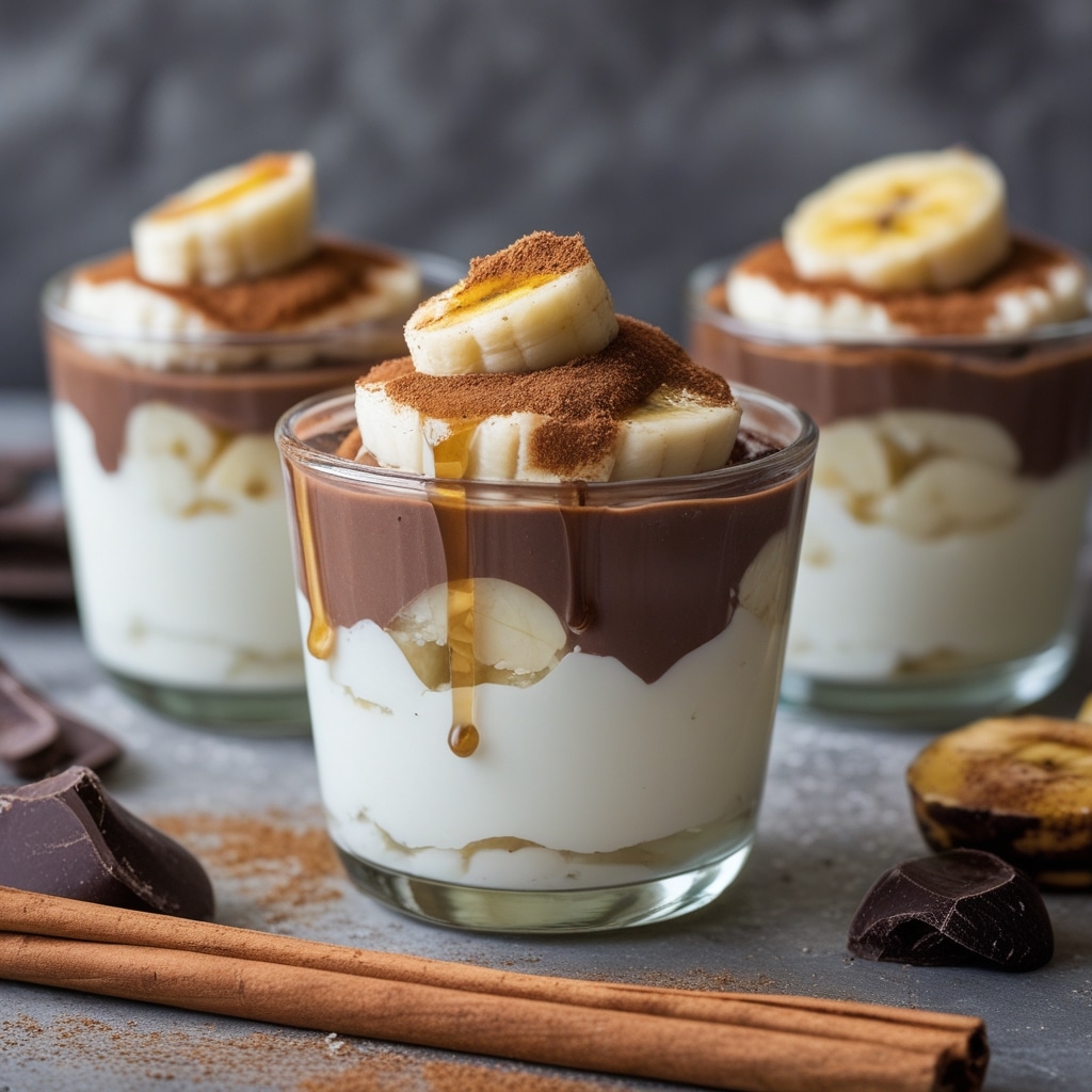 Healthy Greek Yogurt Chocolate Banana Pudding Cups with Cinnamon Drizzle
