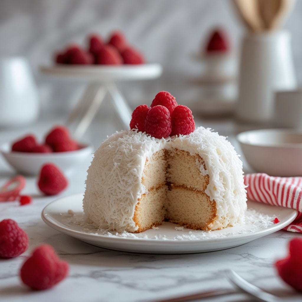 Raspberry Surprise Coconut Snowball Cake